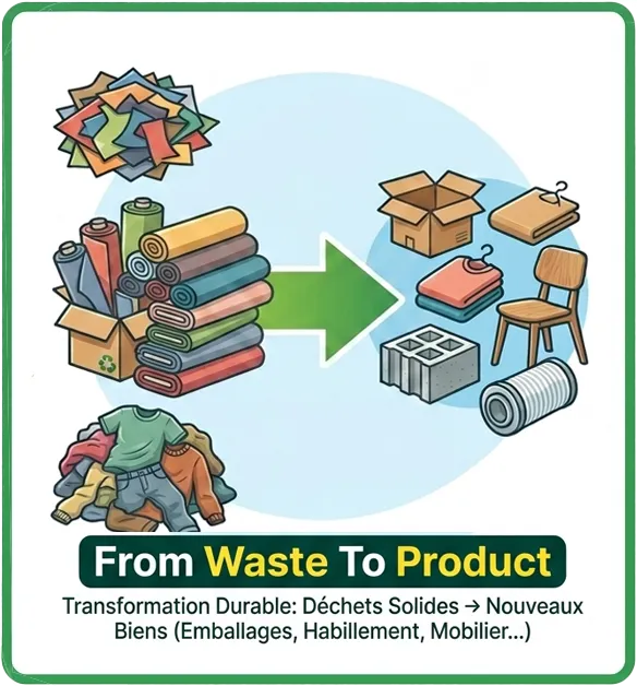 •	Challenge 2 : “From Waste (déchets solides; Zero Chute; ...) To Product (emballages ; habillement ; mobilier ; matériau composite ; matériau de construction, membranes de filtration...)”